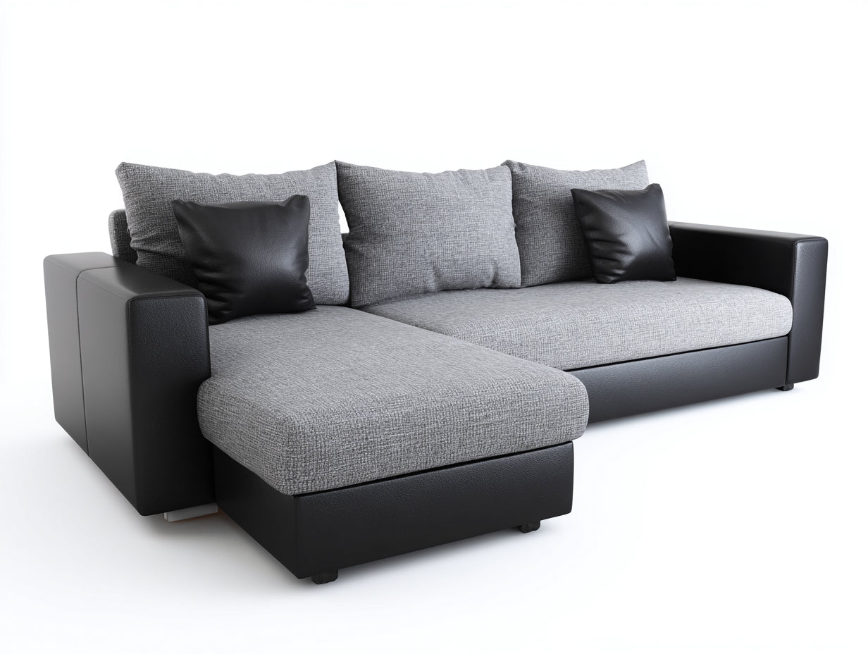Sofás de esquina tela y piel sintética 245x160x86 cm - gris-negro - diseño moderno con chaise longue