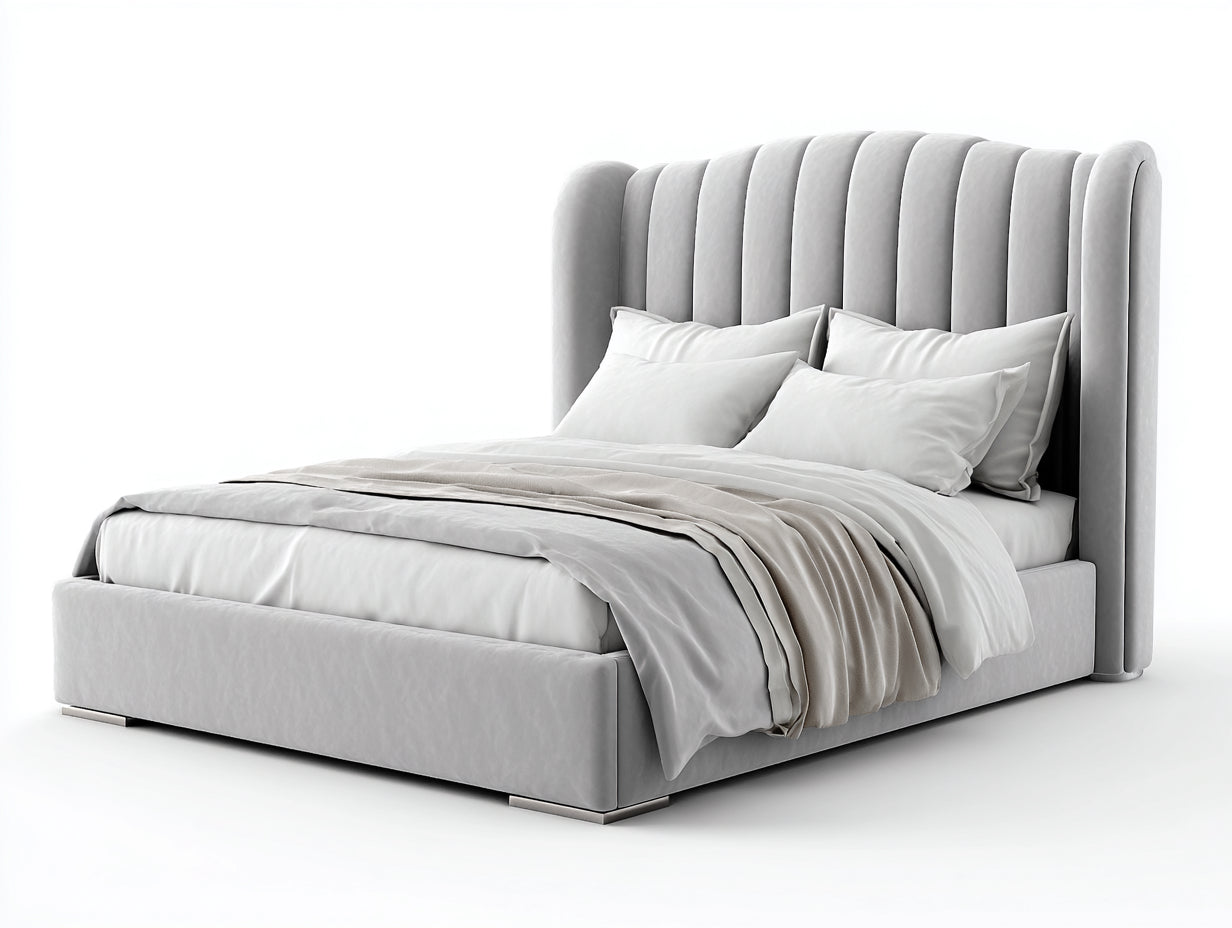 Camas dobles tapizadas 210x170x125 cm - gris claro - cabecero alto acanalado