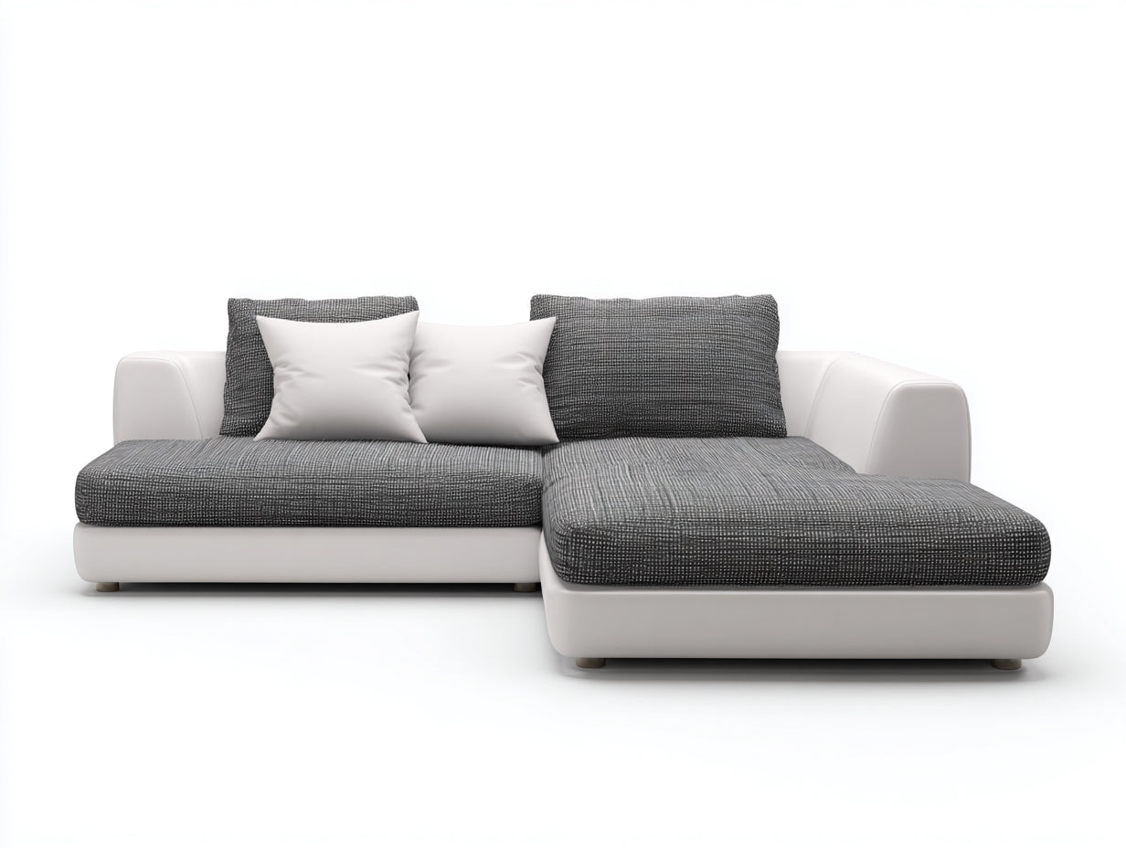 Sofás de esquina tela y piel sintética 240x160x82 cm - blanco-gris - diseño moderno con chaise longue