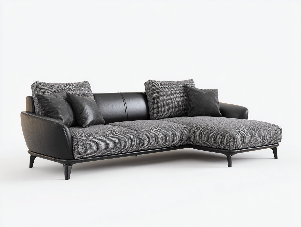 Sofás de esquina de tela y piel sintética 285x165x78 cm gris-negro diseño moderno