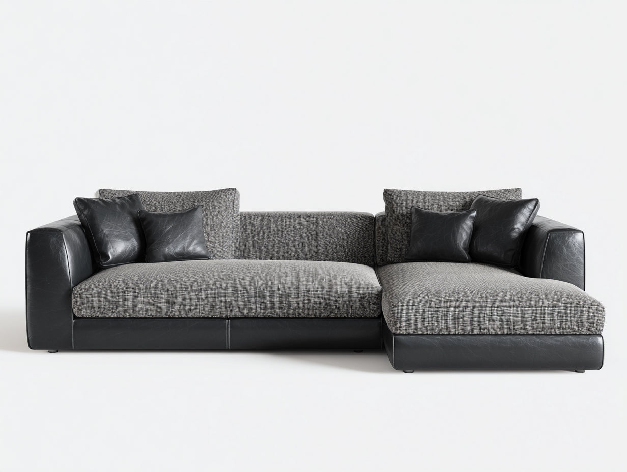 Sofás de esquina de tela y piel sintética 285x170x72 cm - gris-negro - para salón moderno