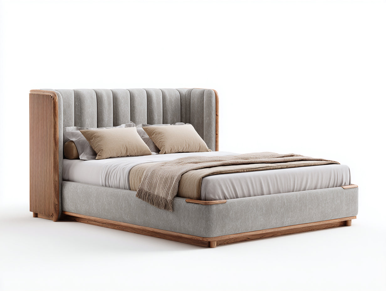 Camas dobles tapizadas 215x168x115 cm - gris claro y madera natural - diseño moderno para dormitorio