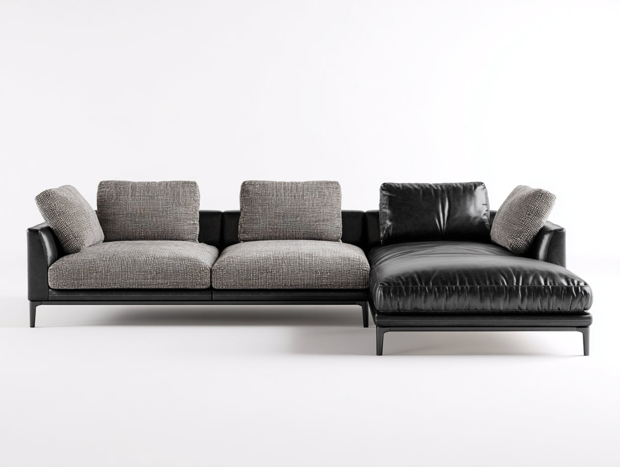 Sofás de esquina tapizado en cuero sintético y tejido 300x180x78 cm - negro y gris - diseño moderno