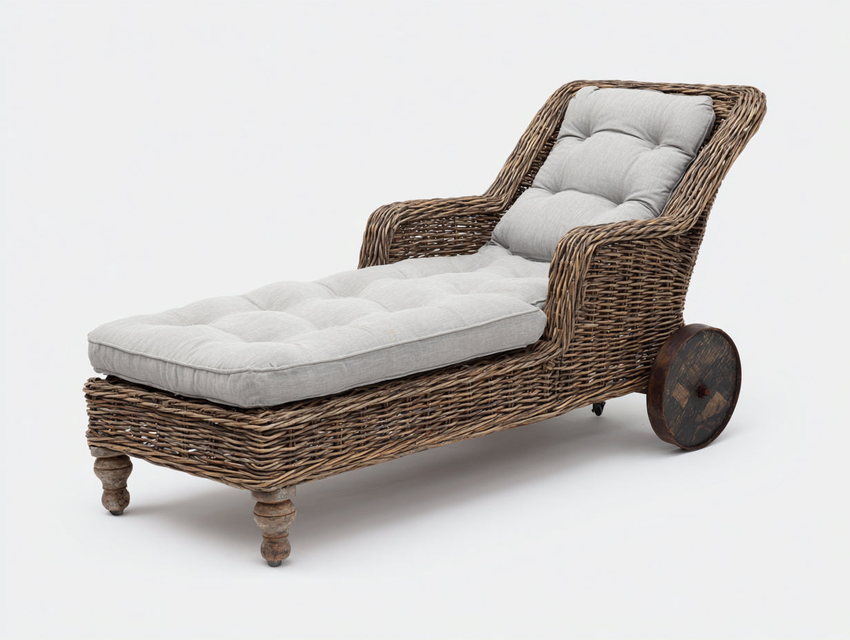 Tumbonas ratán y tela 192x78x96 cm - marrón-gris - diseño reclinable con ruedas