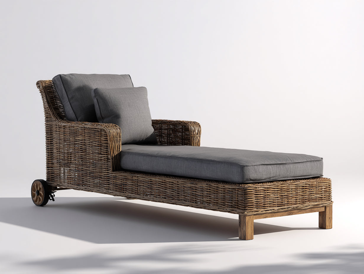 Tumbonas ratán y tela 190x75x88 cm - marrón-gris - diseño reclinable con ruedas