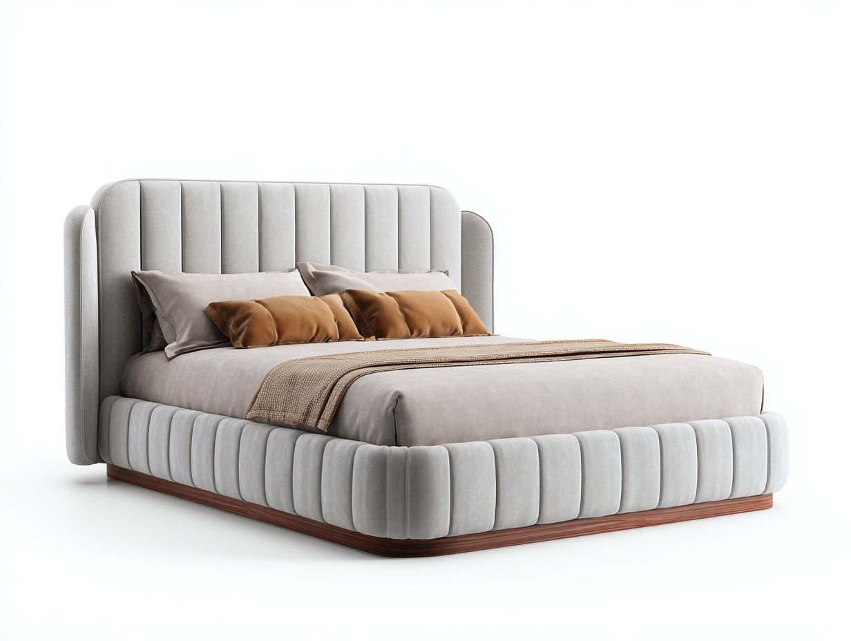 Camas dobles tapizada 218x172x115 cm - gris claro-marrón - diseño acolchado moderno